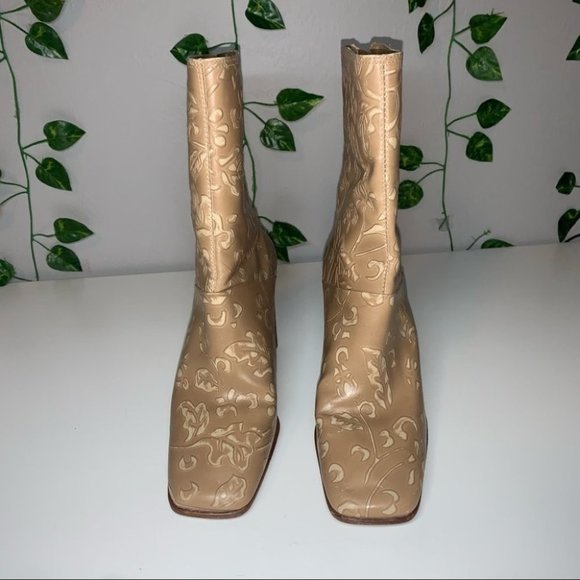 Greenwich Village Leather Heeled Boots Size 5.5 Tan Floral Mid Calf Square Toe - Picture 4 of 10